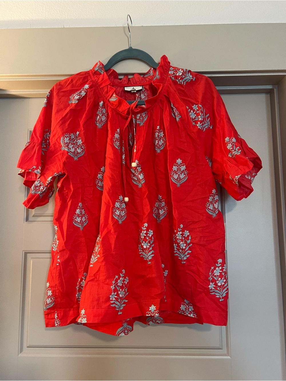 Red Floral Peasant Top - Lightweight Short Sleeve